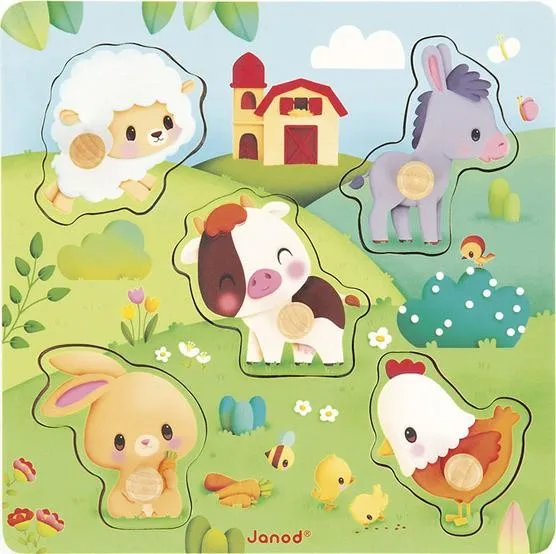Puzzle sensoryczne drewniane Farma (6 el.) – Janod