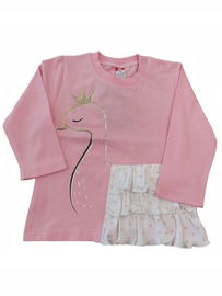 2be3: Koszulka bawełniana dł. ręk. łabędź z falbanką różowa r. 62