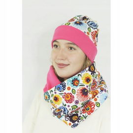 Komplet czapka i komin folk łowicki różowy