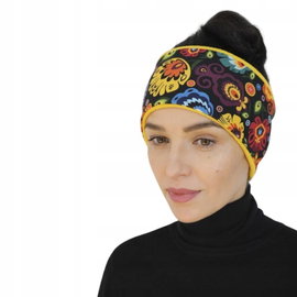 Opaska na głowę ocieplana folk łowicki czarna i żólta