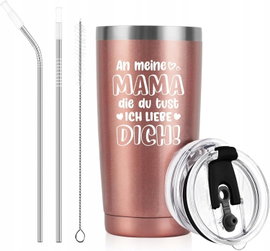 Kubek Termiczny 600ml Termos z Metalową Rurką Pokrywką Napis Niemiecki Róż