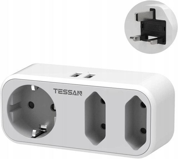 TESSAN Adapter podróżny 3x gniazdko 2x USB wtyk UK