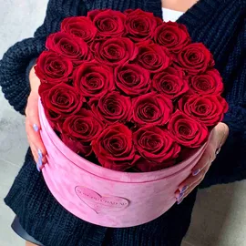 Czerwone Wieczne Róże w Różowym Flokowanym Dużym Boxie