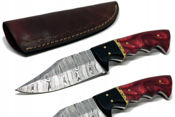 Nóż ręcznie wykonany bushcraft survival stal damasceńska skórzane etui K111