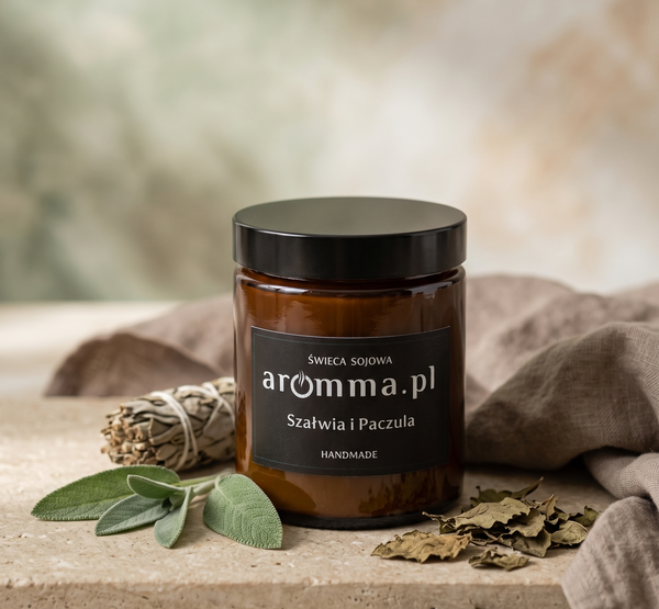 ŚWIECA AROMMA SZAŁWIA I PACZULA 180 ML RELAKS ODPRĘŻENIE + ZAPALNICZKA