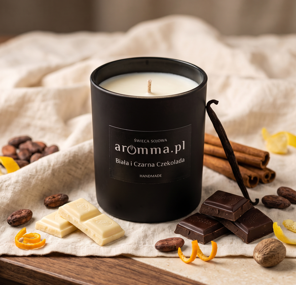 AROMMA ŚWIECA SOJOWA CZARNA I BIAŁA CZEKOLADA 300 ML WIECZKO + GRATIS