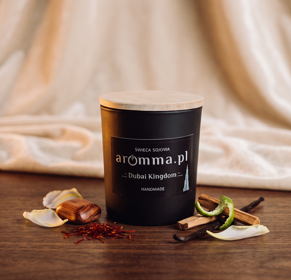 ŚWIECA SOJOWA NATURALNA 180 AROMMA DUBAI KINGDOM POCZUJ SZAFRAN + GRATIS