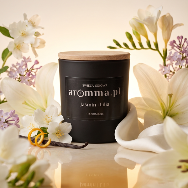 JAŚMIN I LILIA AROMMA 180ML CERTYFIKOWANA ŚWIECA SOJOWA WIECZKO + GRATIS