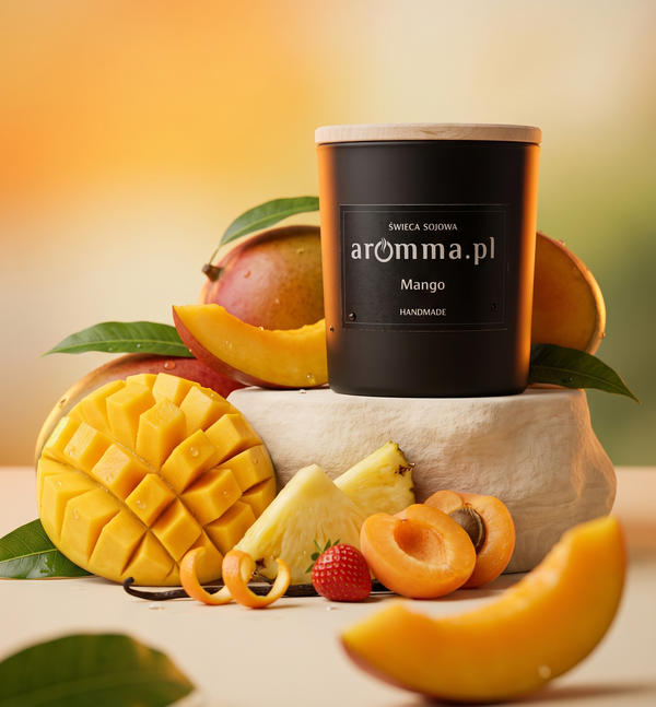 ŚWIECA SOJOWA NATURALNA 180 AROMMA Z WIECZKIEM MANGO + ZAPALNICZKA GRATIS