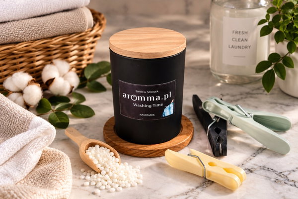 WASHING TIME - ŚWIECA AROMMA 300ML 100% EKO - 50H ZAPACHU + GRATIS