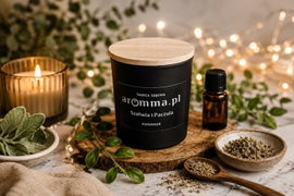 ŚWIECA SOJOWA AROMMA - SZAŁWIA I PACZULA 180 ML Z WIECZKIEM + GRATIS