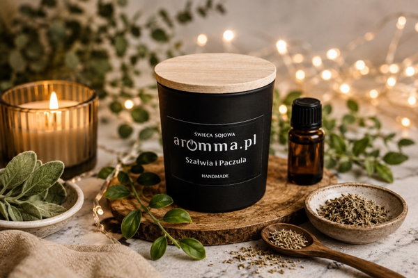 ŚWIECA SOJOWA AROMMA - SZAŁWIA I PACZULA 180 ML Z WIECZKIEM + GRATIS