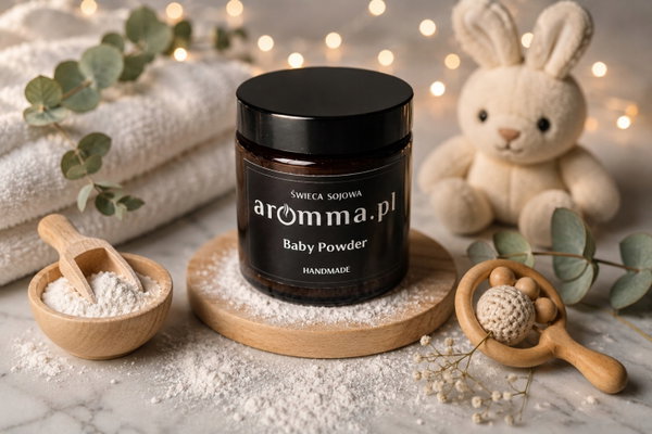 ŚWIECA SOJOWA AROMMA 120 ML BABY POWDER SPRAWDŹ! PUDROWY ZAPACH + GRATIS
