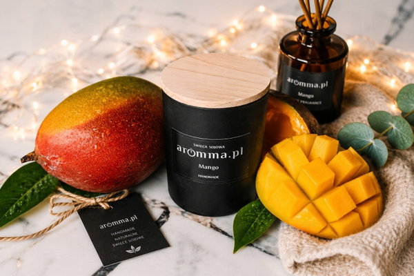 ŚWIECA SOJOWA AROMMA 300 ML Z WIECZKIEM MANGO SPRAWDŹ! ZAPALNICZKA GRATIS