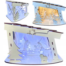 ŚWIĄTECZNA SZOPKA Z DREWNA BETLEJEM STAJENKA LAMPKAMI STOJĄCA OZDOBA BIAŁA