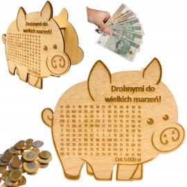 DREWNIANA ŚWINKA SKARBONKA DROBNYMI DO WIELKICH MARZEŃ WYZWANIE PREZENT