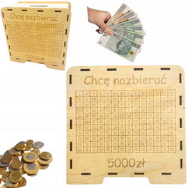 DREWNIANA SKARBONKA WYKREŚLANKA "CHCĘ NAZBIERAĆ" NA PREZENT UPOMINEK 5000ZŁ