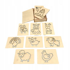 DREWNIANY SZABLON SZABLONY ZESTAW DO RYSOWANIA DZIECI ZWIERZĘTA W PUDEŁKU