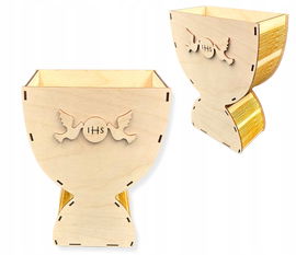 DREWNIANY WAZON KIELICH FLOWERBOX PUCHAR IHS KOMUNIA CHRZEST PREZENT 25CM