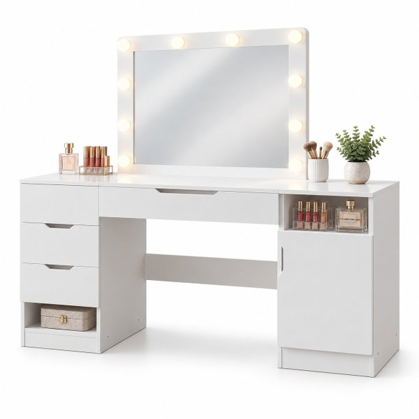 Toaletka do makijażu biała z lustrem LED szufladami i szafką 153,5 cm