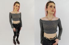 SHEIN dzianinowa BLUZKA CROP TOP hiszpanka MELANŻ szara _ 38