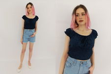 PULL&BEAR krótka BLUZKA z marszczeniami MODNA navy _ M