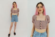 Stylowa cienka BLUZKA CROP TOP na lato KRATKA modna RETRO _ S/M
