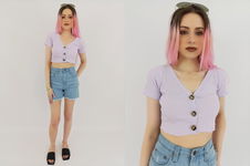 SHEIN dzianinowa BLUZKA CROP TOP z krótkim rękawem LILIOWA _ S