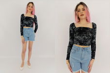 BERSHKA welurowa BLUZKA z długim rękawem KWIATY modna _ S