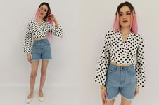 RIVER ISLAND krótka BLUZKA KOPERTOWA na lato GROSZKI retro _ 32