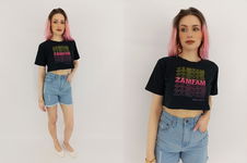 Czarna dresowa BLUZKA CROP TOP z printem NAPISY _ S