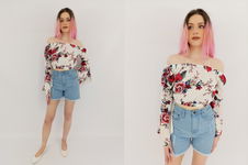 Stylowa cienka BLUZKA CROP TOP hiszpanka KWIATY długi rękaw _ S
