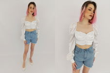 PRETTYLITTLETHING satynowa BLUZKA CROP TOP biała BUFKI paski _ 36