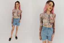 PRETTYLITTLETHING siateczkowa BLUZKA CROP TOP koszulowa WZORY _ 38