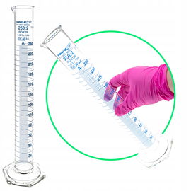 Cylinder miarowy menzurka szklany kl.A skala niebieska poj 250ml certyfikat