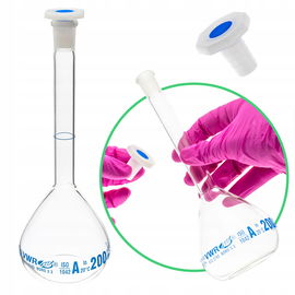 Kolba miarowa boro 3.3 szklana 200 ml kl.A z korkiem szlif 14/23 certyfikat