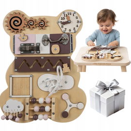 Tablica Edukacyjna Sensoryczna Drewniana Miś dla Dzieci MOCNA WYTRZYMAŁA