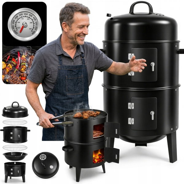 GRILL WĘGLOWY OGRODOWY WĘDZARNIA BECZKA PALENISKO MOCNY SOLIDNY + TERMOMETR
