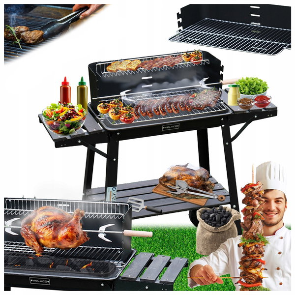 GRILL WĘGLOWY OGRODOWY Z ROŻNEM I PÓŁKAMI BBQ MOCNY BEZPIECZNY NA KOŁACH