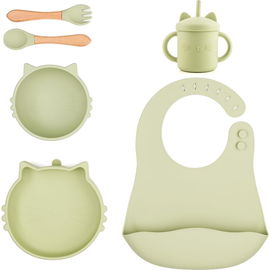 Komplet Naczyń Dla Dzieci Miseczka Kubek Śliniak Łyżeczka Widelec Zielony