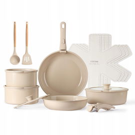 Zestaw CAROTE Taupe 17Pcs garnki patelnie nieprzywierające indukcyjne