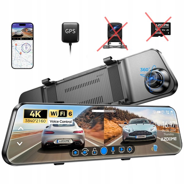 AZDOME PG17 4K 12 Cali Lusterko Kamera Samochodowa WiFi GPS bez karty