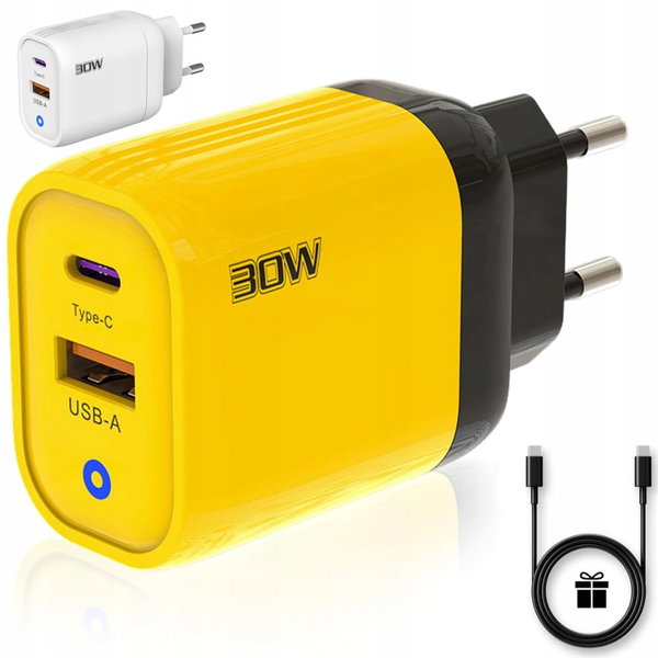 3-STARS Ładowarka USB 30W 2 Porty USBC USBA Szybkie Ładowanie QC 30 Żółta