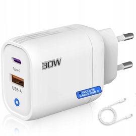 3-STARS Ładowarka USB 30W 2 Porty USBC USBA Szybkie Ładowanie QC 30 Biała
