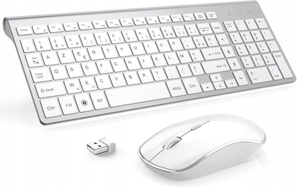 Klawiatura JOYACCESS AZERTY srebrno biała ultracienka ergonomiczna mysz