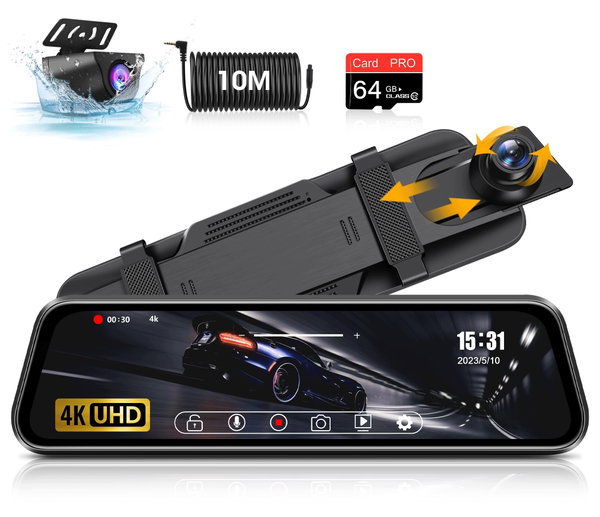 Lustro kamera samochodowa 4K IPS 25.6 cm 170 szeroki kat G-Sensor