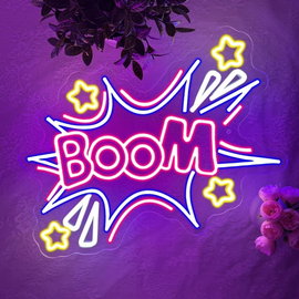 Neonowy szyld Boom LED kolorowy dekoracja ściany do pokoju 34x29