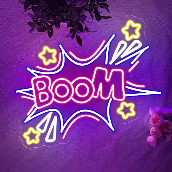 Neonowy szyld Boom LED kolorowy dekoracja ściany do pokoju 34x29