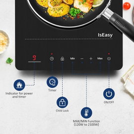 Płyta indukcyjna IsEasy 2100W 28 cm czarna przenośna max/min timer