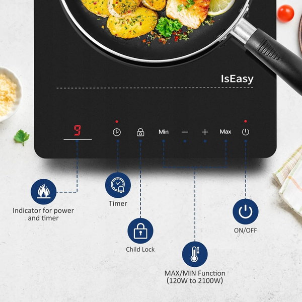 Płyta indukcyjna IsEasy 2100W 28 cm czarna przenośna max/min timer